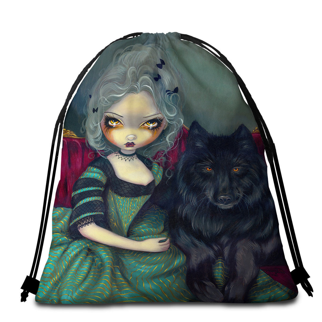 Beach Towels on Sale Loup Garou Beautiful Gothic Lady and Black Wolf