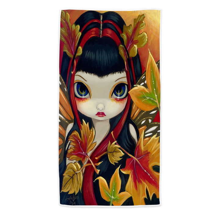 Beach Towels with Autumn Leaves Big Eyed Winged Girl