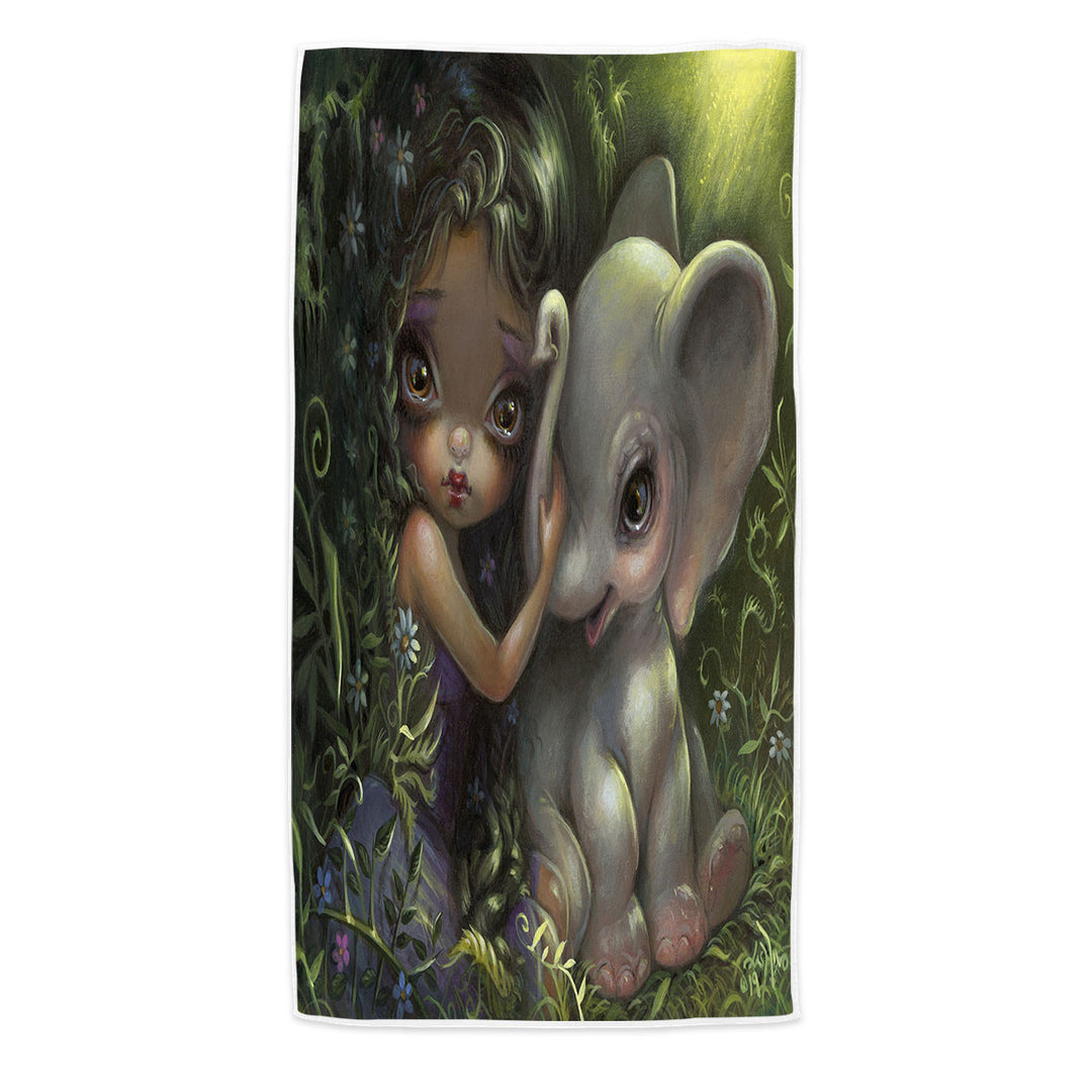 Beach Towels with Cute Art Big Eyed Maiden with Elephant Friend