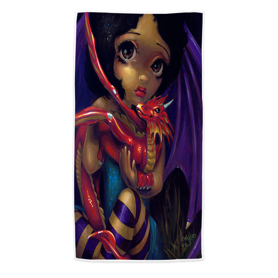 Beach Towels with Darling Dragonling Fairy and Red Baby Dragon