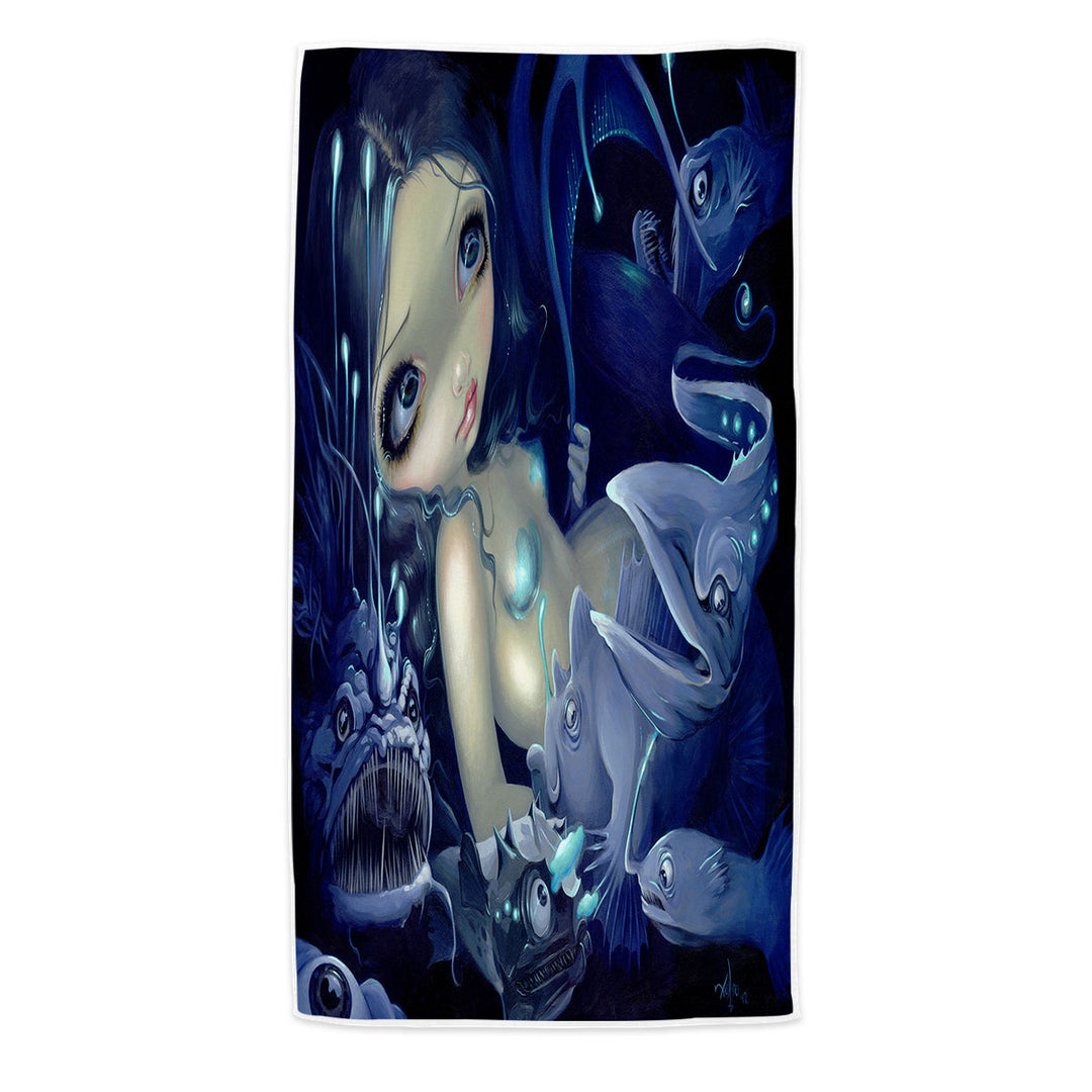 Beach Towels with Scary Underwater Art Fish and Mermaid