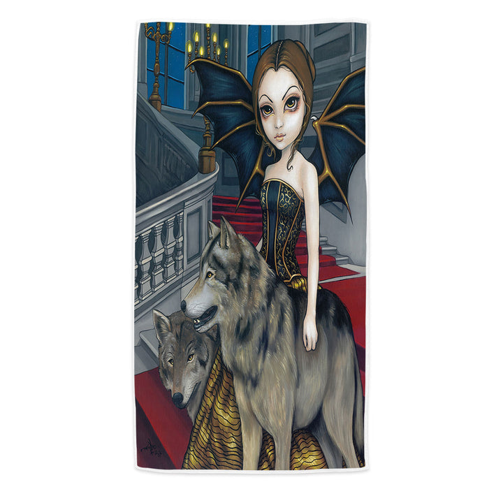 Beach Towels with Wolf Manor Elegant Fairy Walking in the Mansion