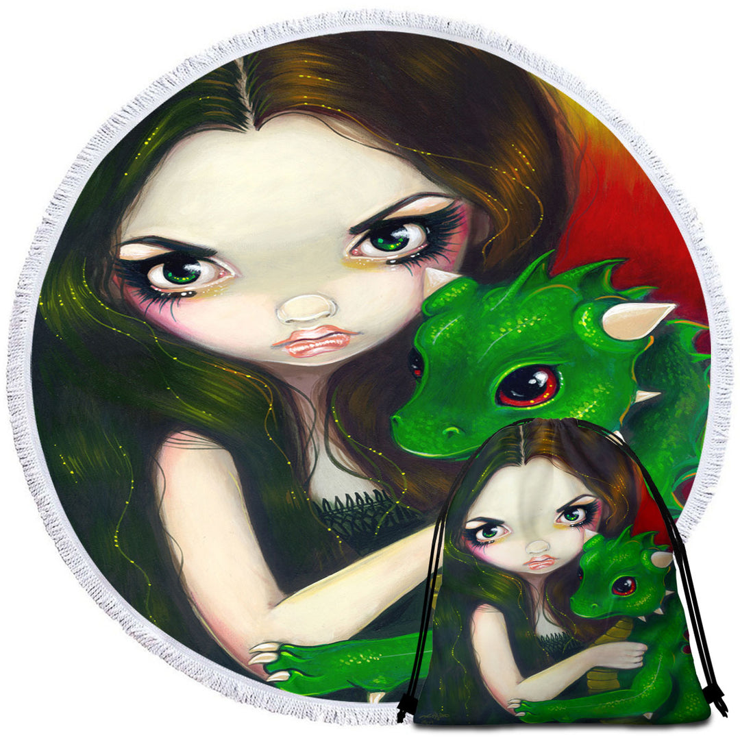 Beautiful Beach Towels Fantasy Art Girl and Baby Green Dragon