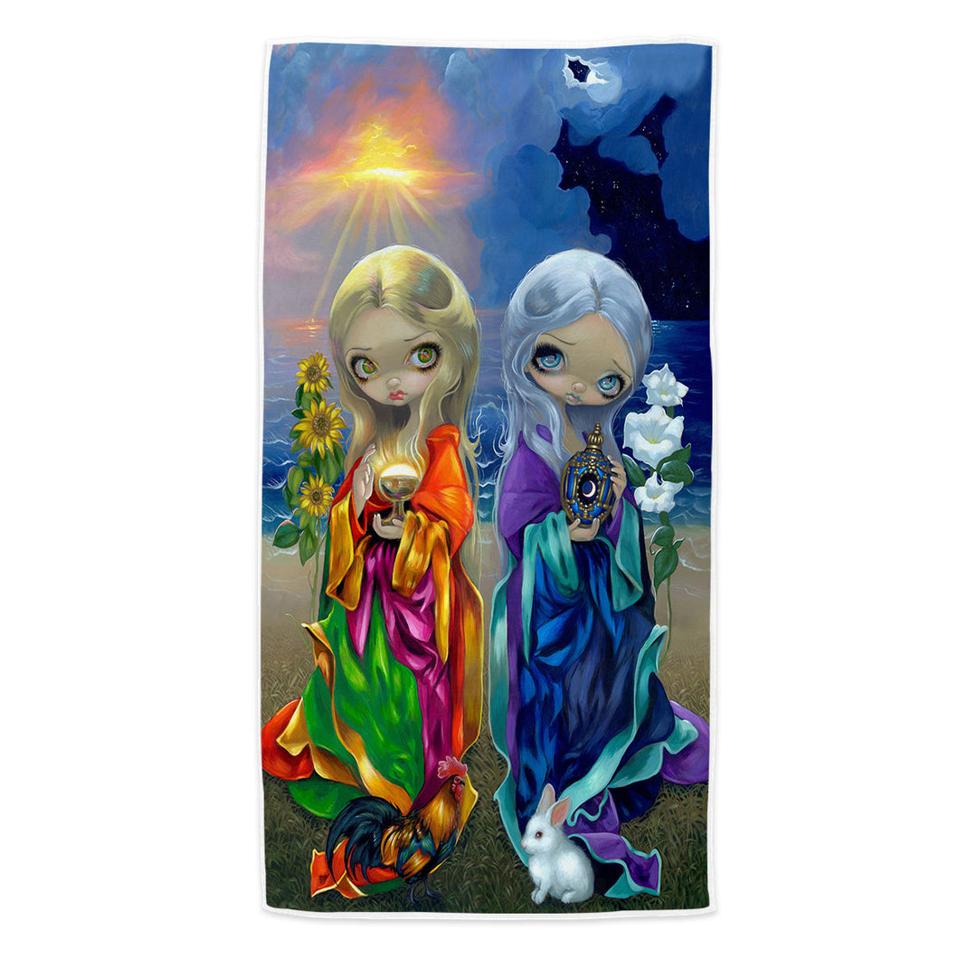 Beautiful Beach Towels Feature Art Sun Child and Moon Child Day and Night