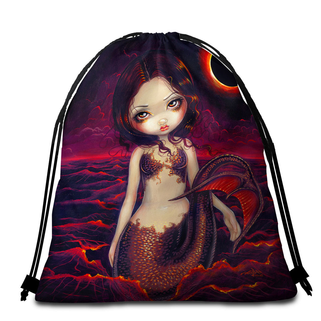 Beautiful Beach Towels and Bags Fantasy Art Red Glow Mermaid Eclipse