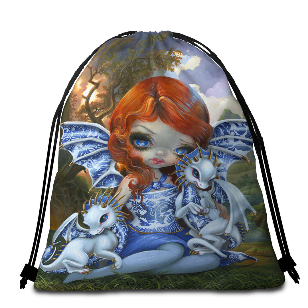 Beautiful Beach Towels and Bags Set Blue Willow Dragonlings Redhead Dragon Fairy