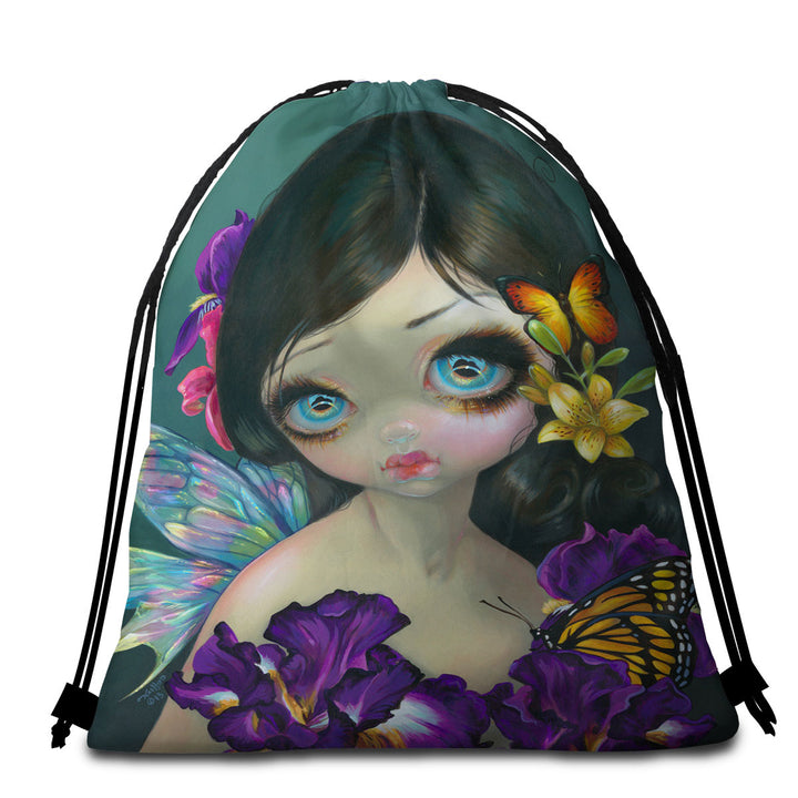 Beautiful Beach Towels and Bags Set Girl Fairy with Iris Enchantment Flowers