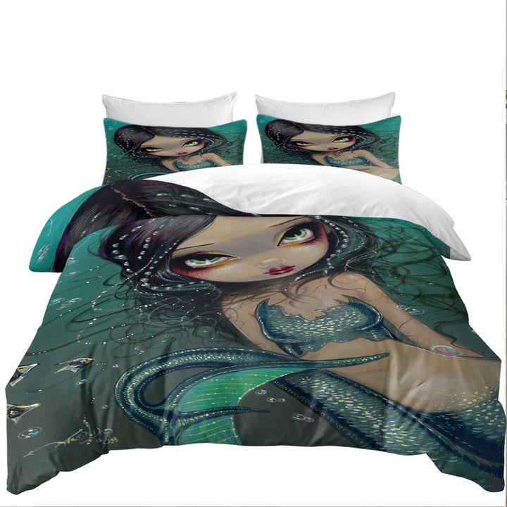 Beautiful Big Eyed Pearl Swirl Mermaid Duvet Cover