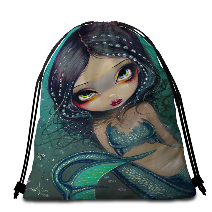 Beautiful Big Eyed Pearl Swirl Mermaid Lightweight Beach Towel