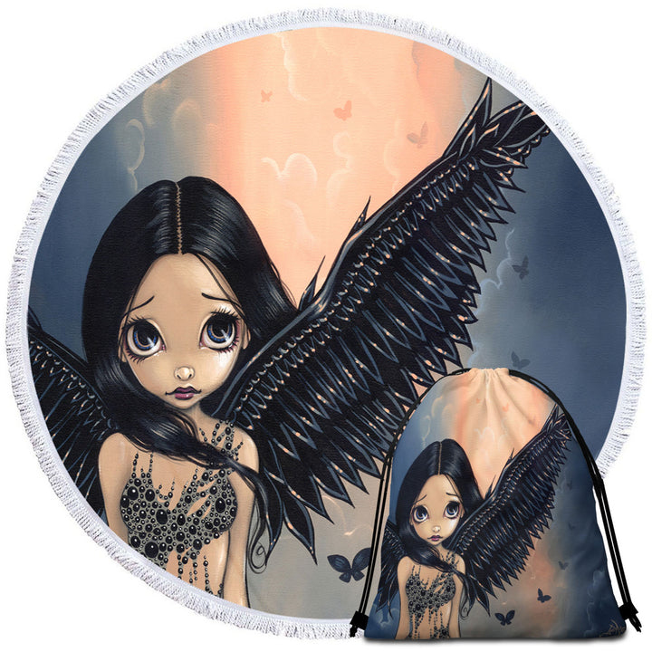 Beautiful Black Winged Angel Round Beach Towel