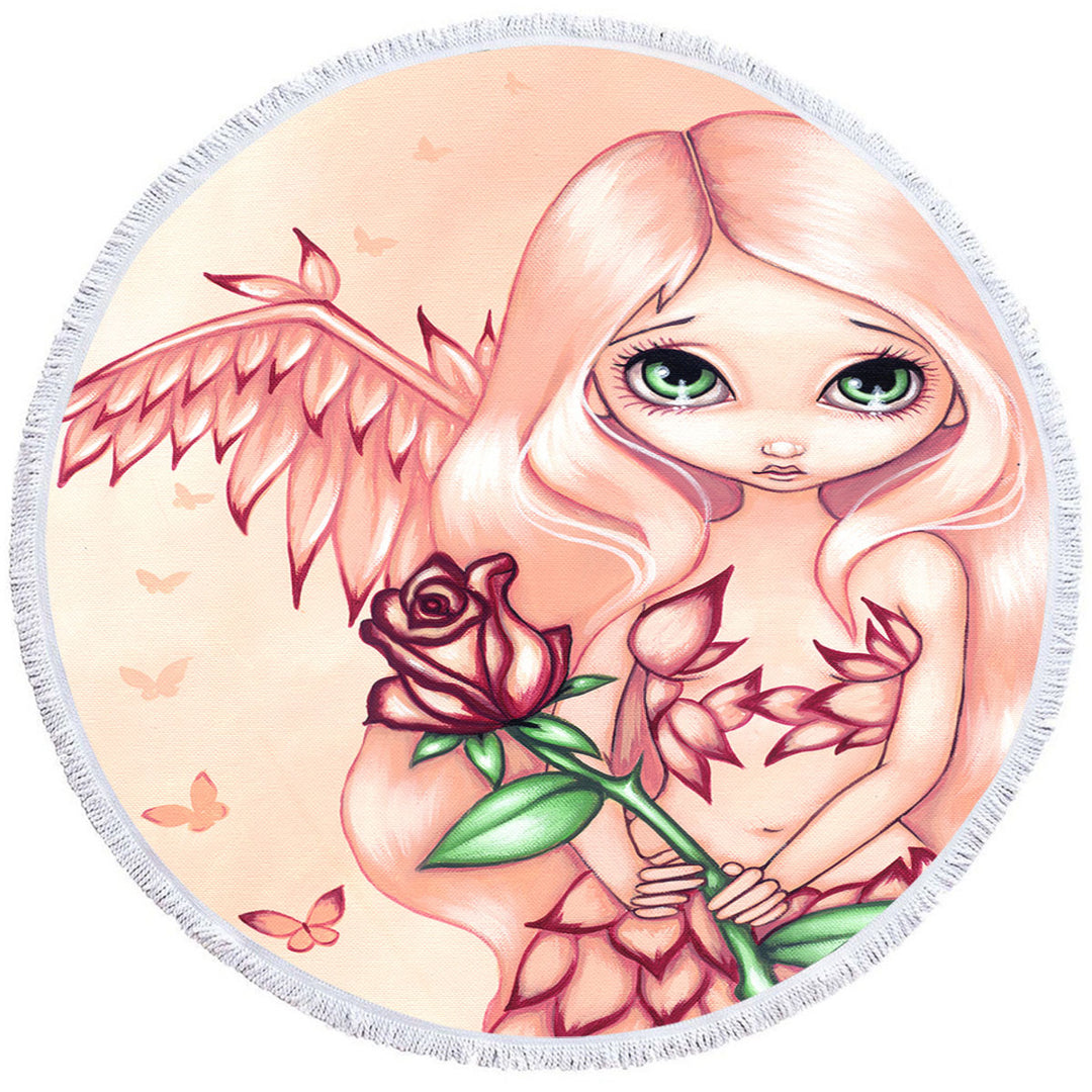 Beautiful Circle Towel with Pale Rose A Flower Fairy with Angel Wings