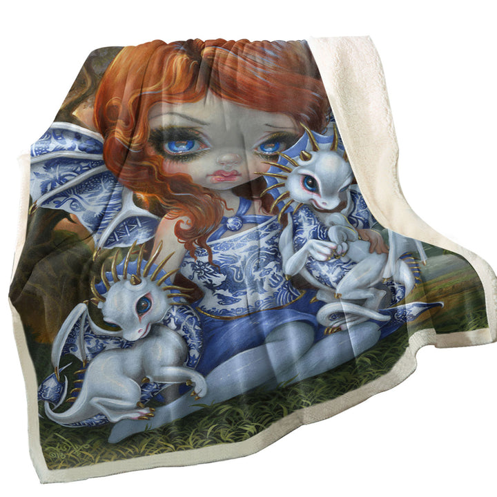 Beautiful Decorative Blankets Blue Willow Dragonlings Redhead Dragon Fairy