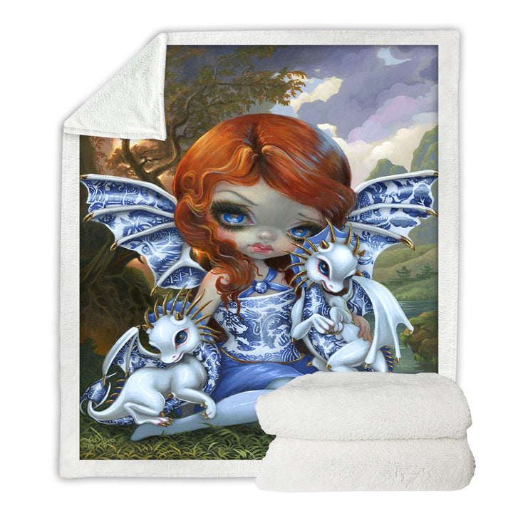 Beautiful Decorative Throws Blue Willow Dragonlings Redhead Dragon Fairy