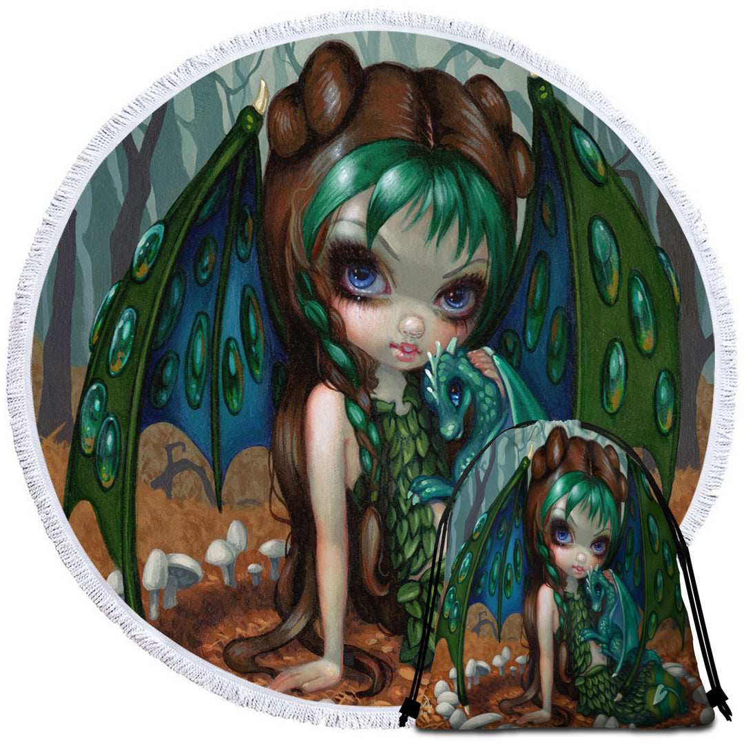 Beautiful Dragon Fairy and Her Ivy Dragonling Round Beach Towel