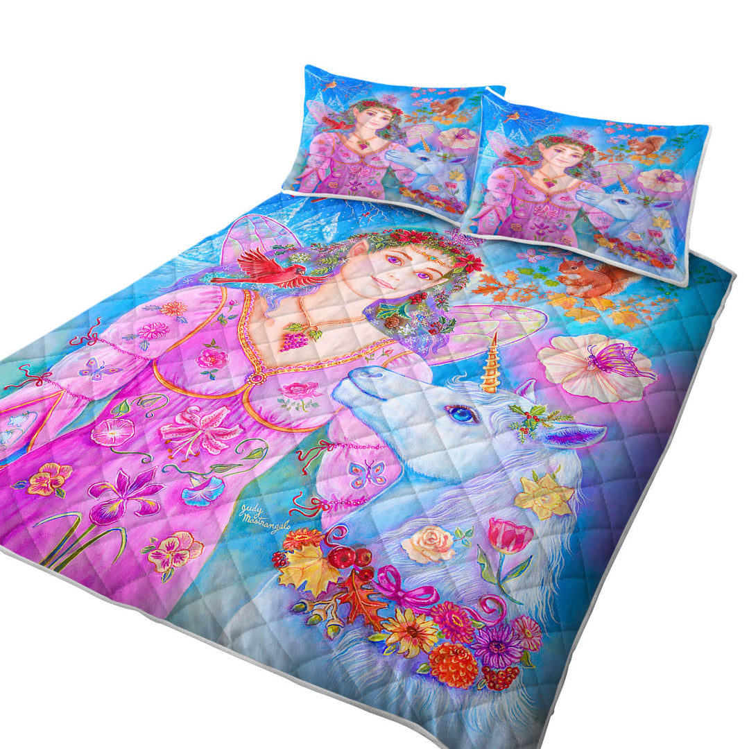 Beautiful Fairy Unicorn Squirrel and Birds for Kids Summer Quilt