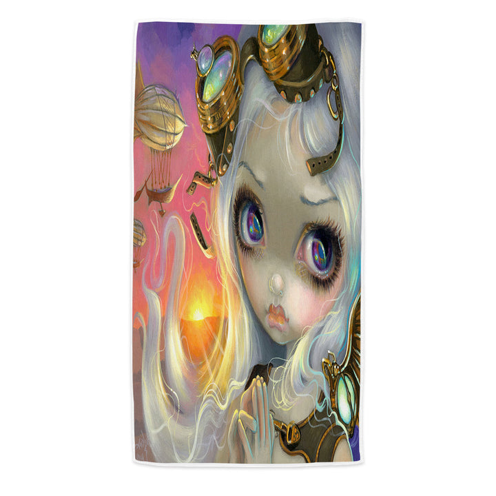 Beautiful Girl Beach Towels Windswept Lovely Steampunk Beautiful Girl at Sunset