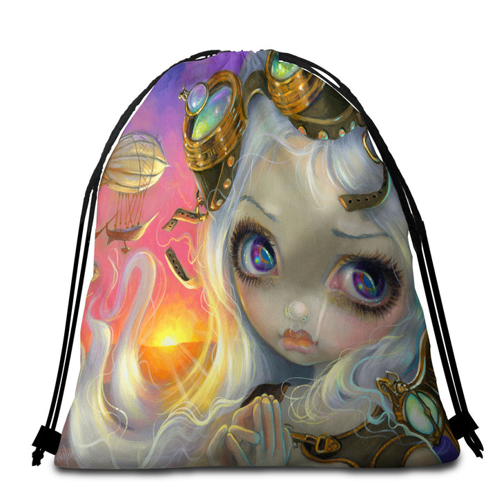 Beautiful Girl Beach Towels and Bags Set Windswept Lovely Steampunk Girl Sunset