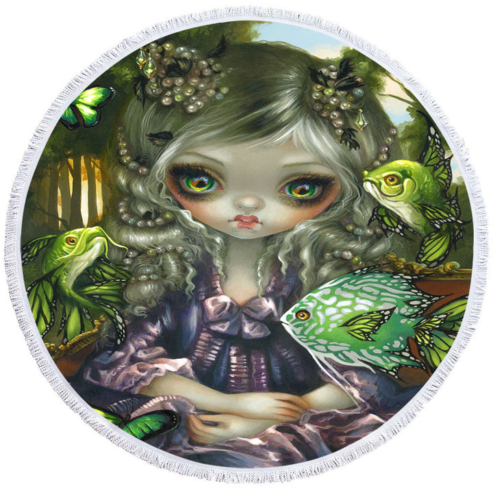 Beautiful Girl Round Towel and the Green Fish Butterflies