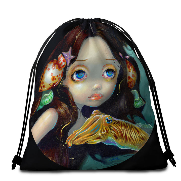 Beautiful Girl Sea Nymph with Cuttlefish Beach Towel Bags