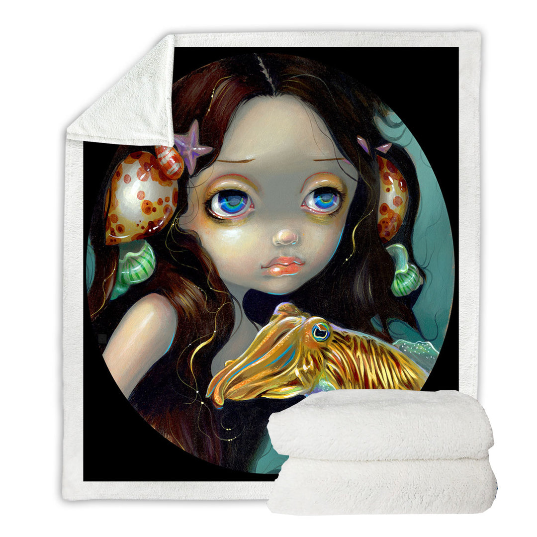 Beautiful Girl Sea Nymph with Cuttlefish Throw Blanket