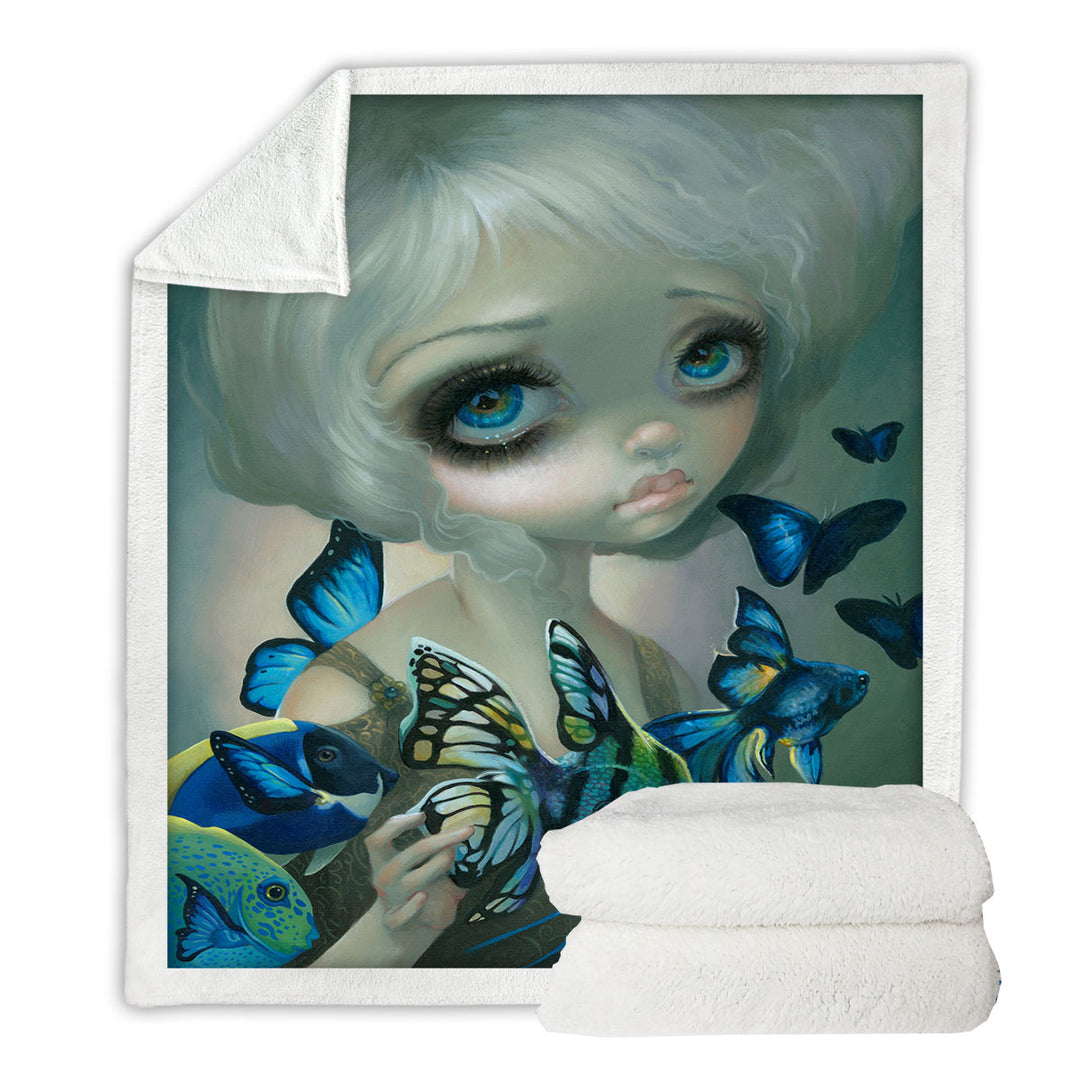 Beautiful Girl Throw Blanket and the Blue Fish Butterflies