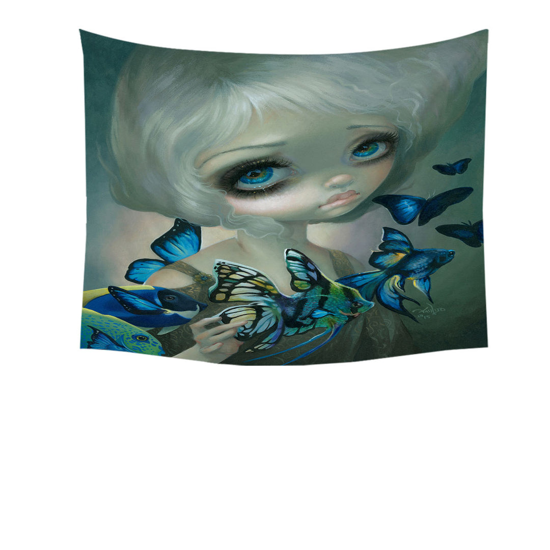 Beautiful Girl Wall Decor and the Blue Fish Butterflies Tapestry