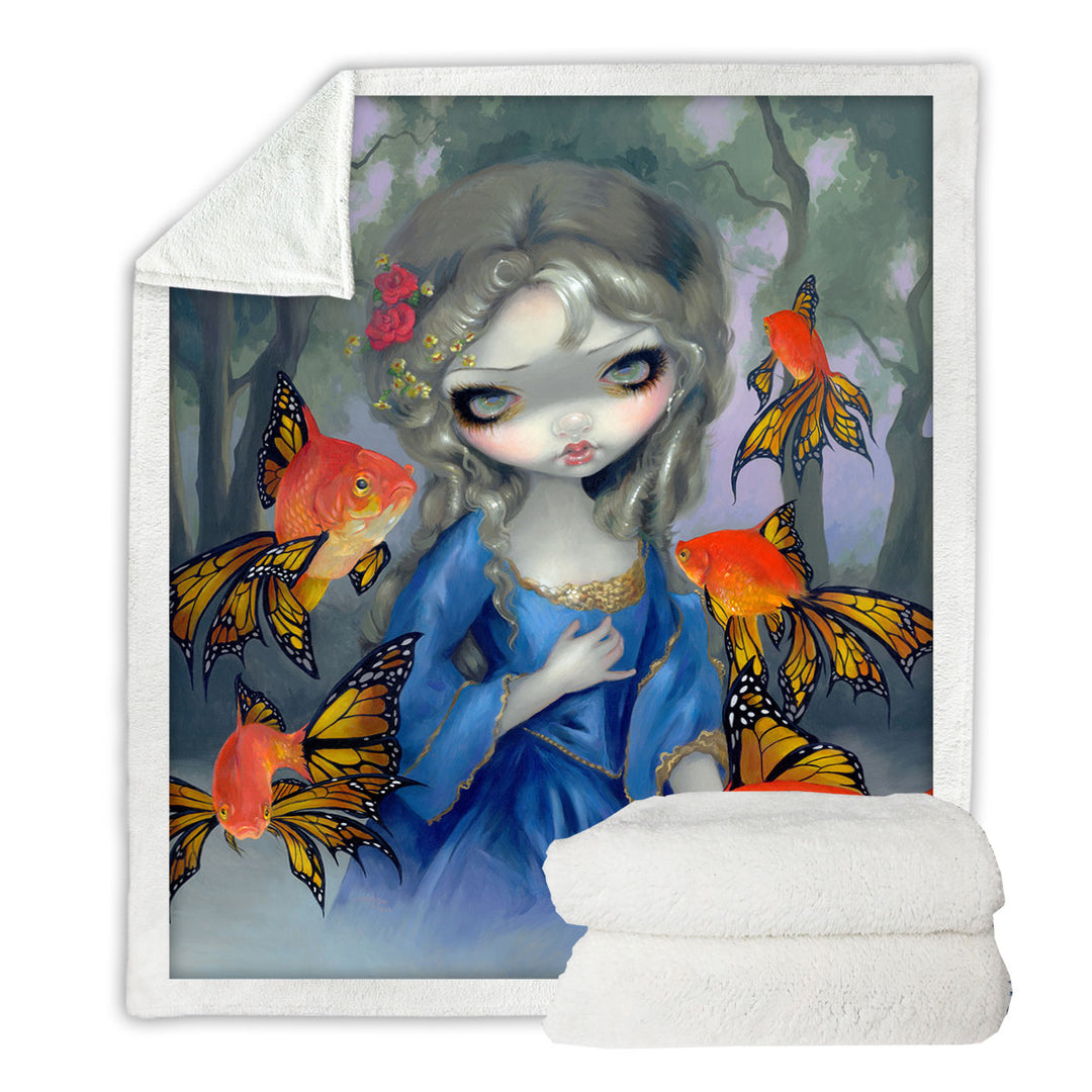 Beautiful Girl and the Goldfish Butterflies Fleece Blankets