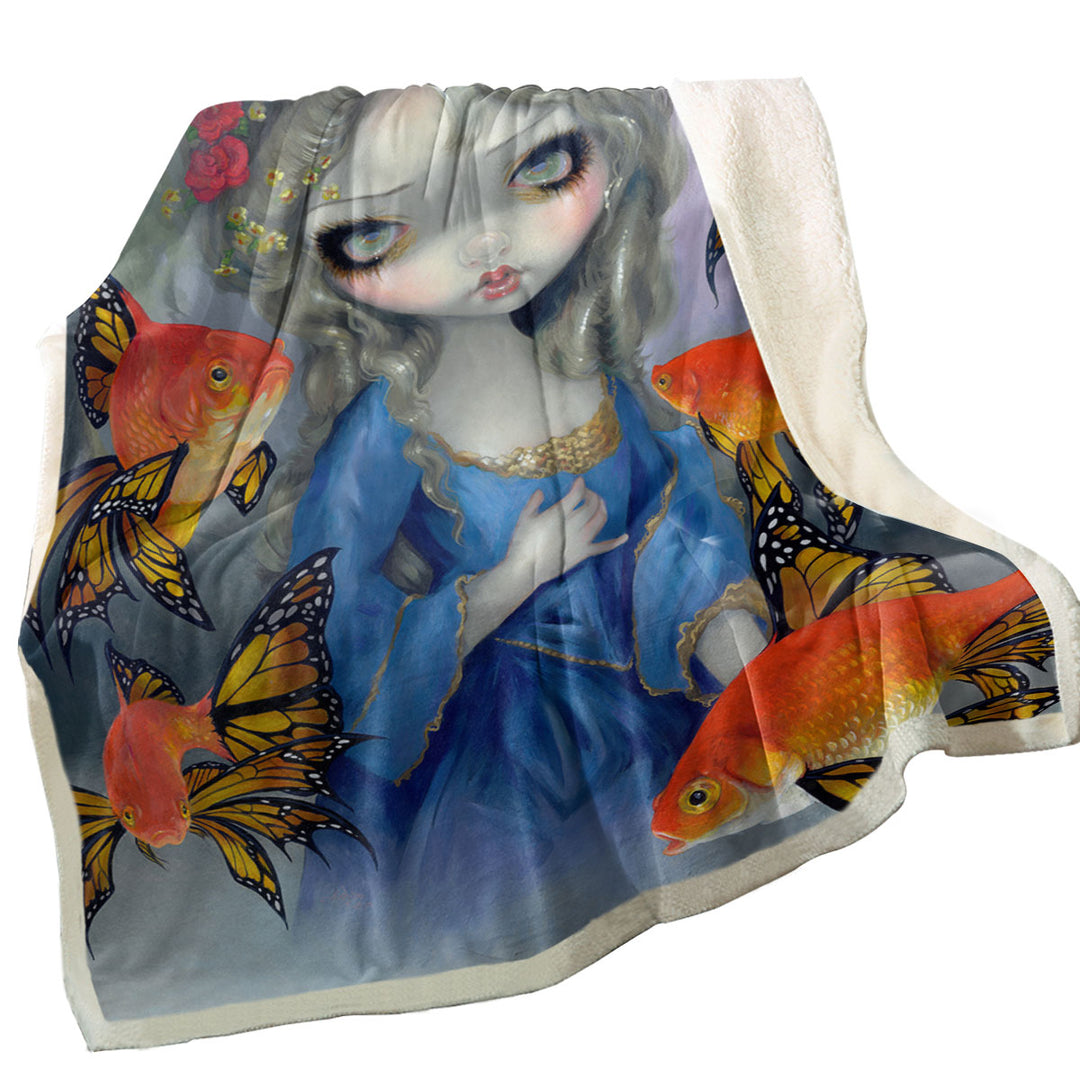 Beautiful Girl and the Goldfish Butterflies Lightweight Blankets