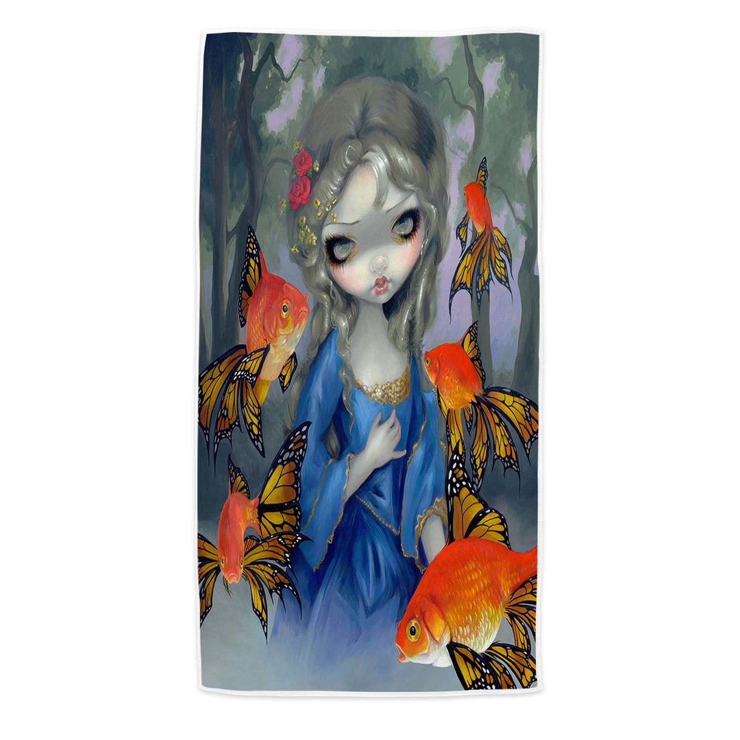 Beautiful Girl and the Goldfish Butterflies Microfiber Beach Towel