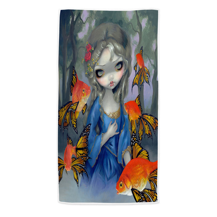 Beautiful Girl and the Goldfish Butterflies Microfiber Beach Towel