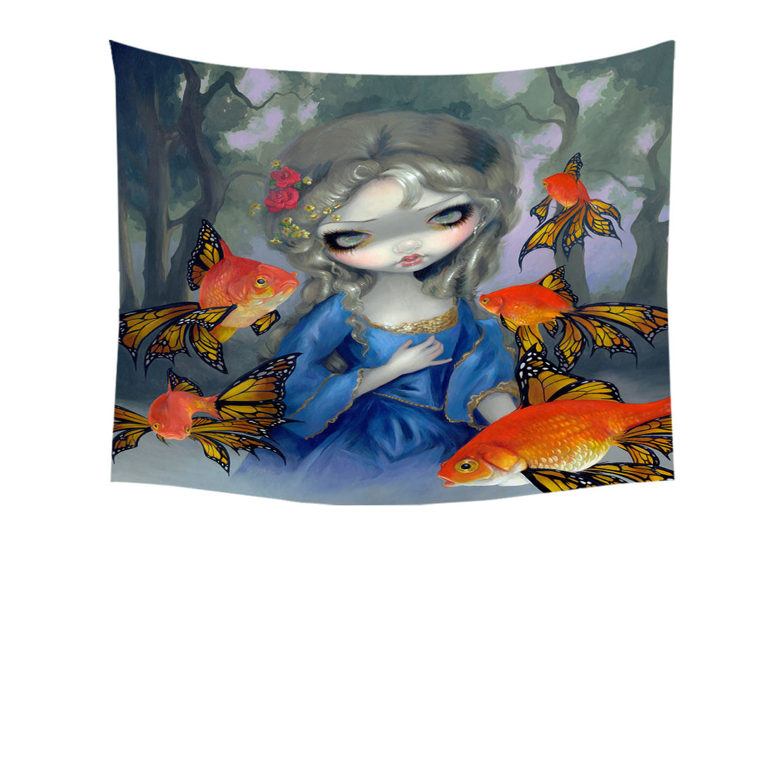 Beautiful Girl and the Goldfish Butterflies Tapestry