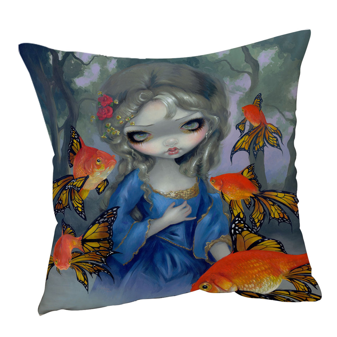 Beautiful Girl and the Goldfish Butterflies Throw Pillows