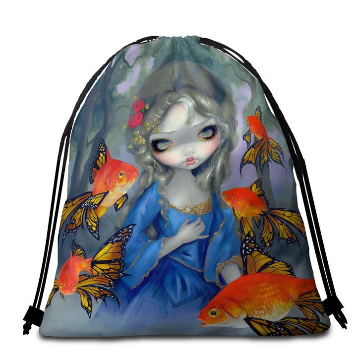 Beautiful Girl and the Goldfish Butterflies Travel Beach Towel