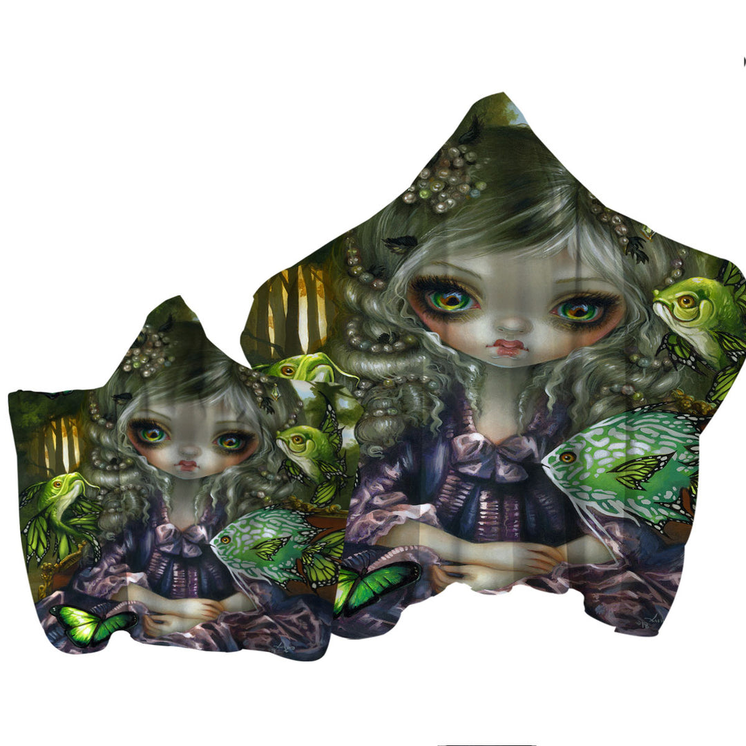 Beautiful Girl and the Green Fish Butterflies Towel with Hood