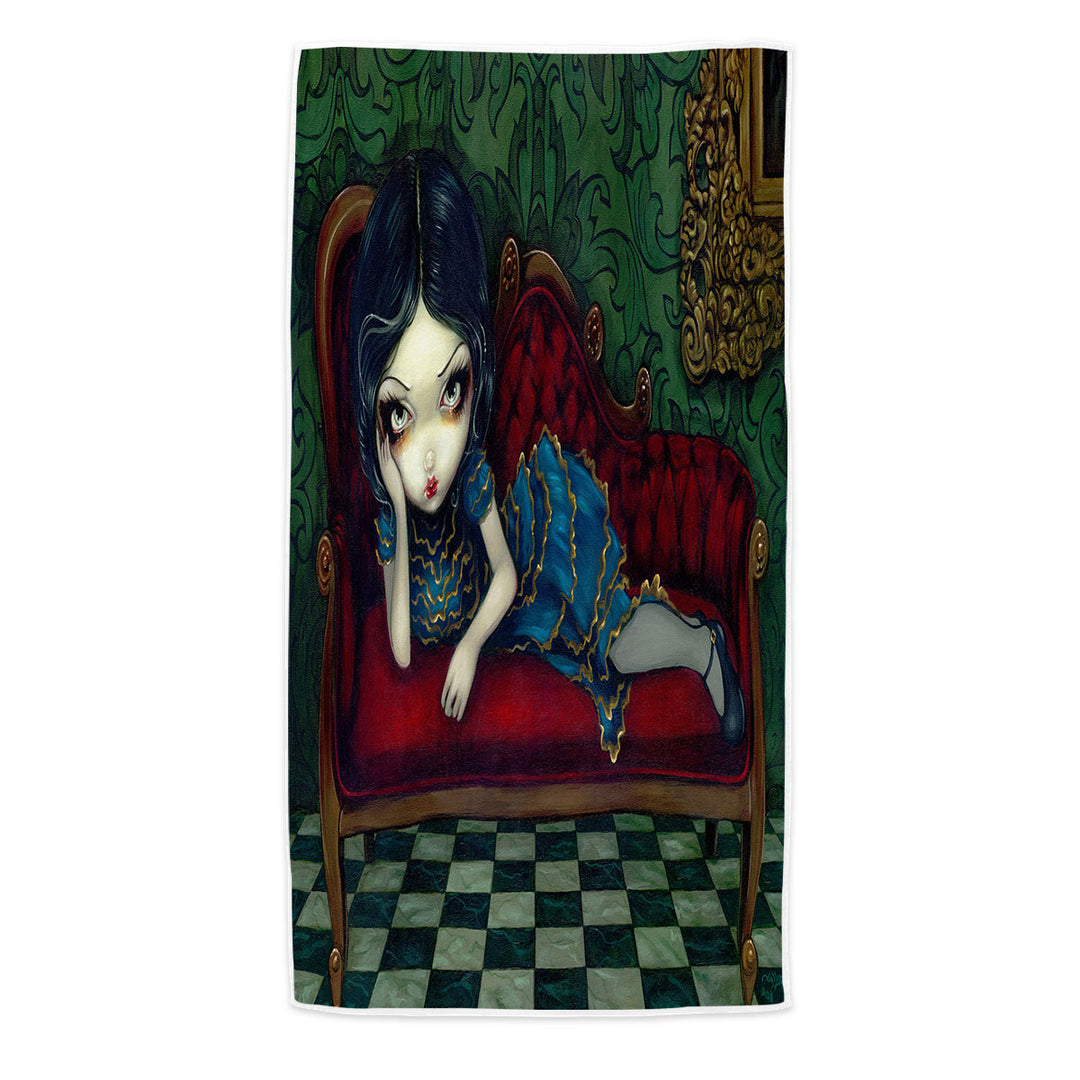 Beautiful Gothic Girl Reclining on the Scarlet Sofa Beach Towel