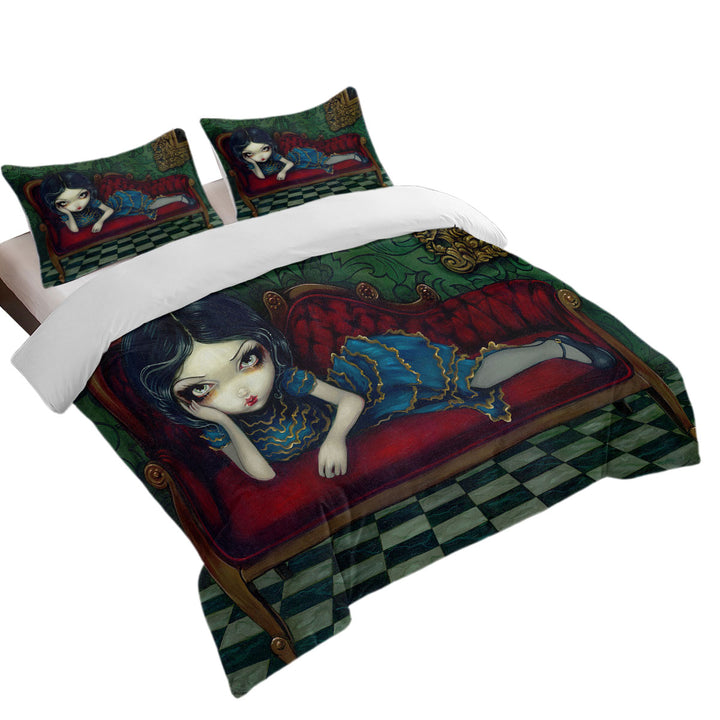 Beautiful Gothic Girl Reclining on the Scarlet Sofa Coverlets