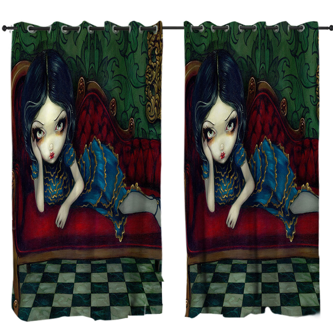 Beautiful Gothic Girl Reclining on the Scarlet Sofa Curtains