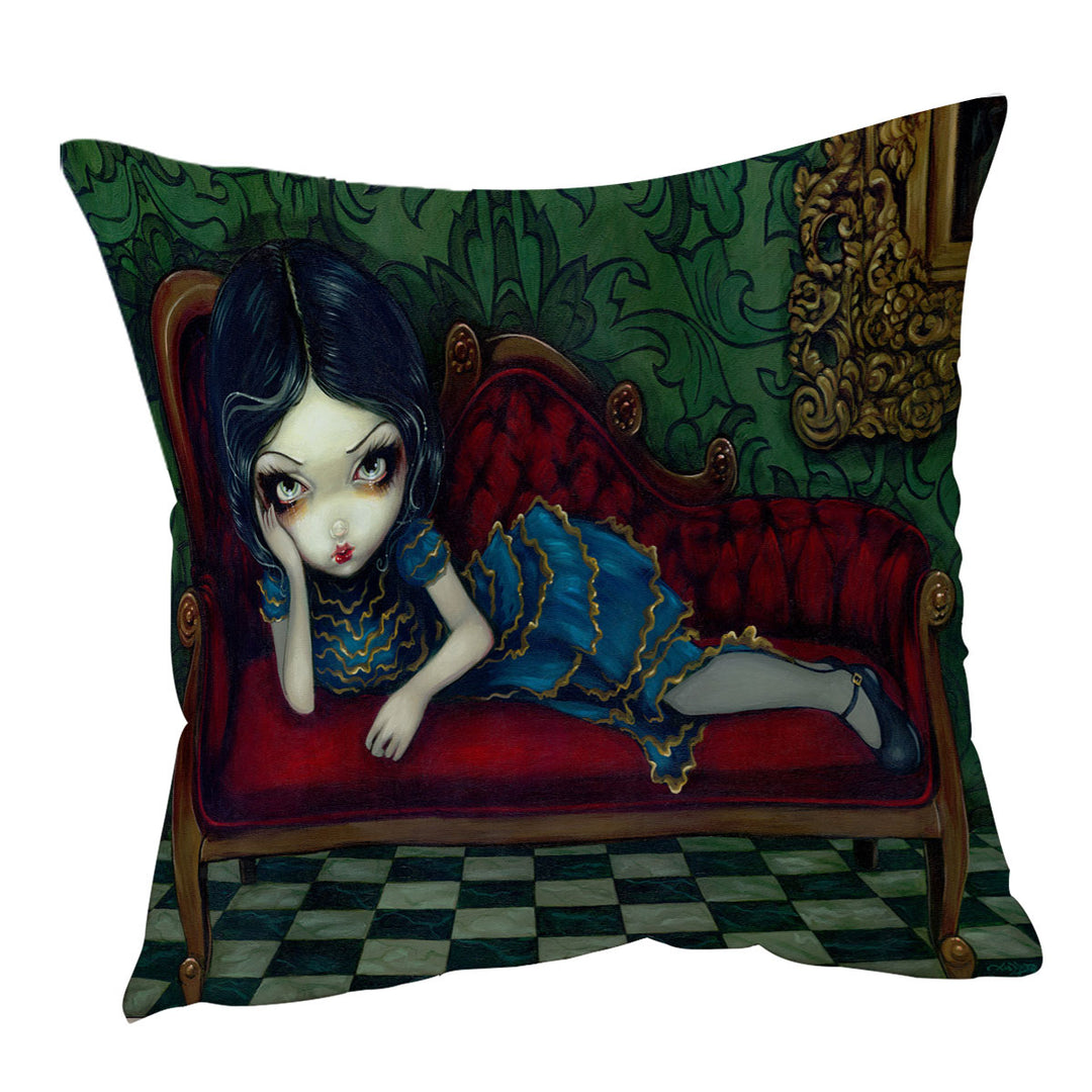 Beautiful Gothic Girl Reclining on the Scarlet Sofa Cushion Cover