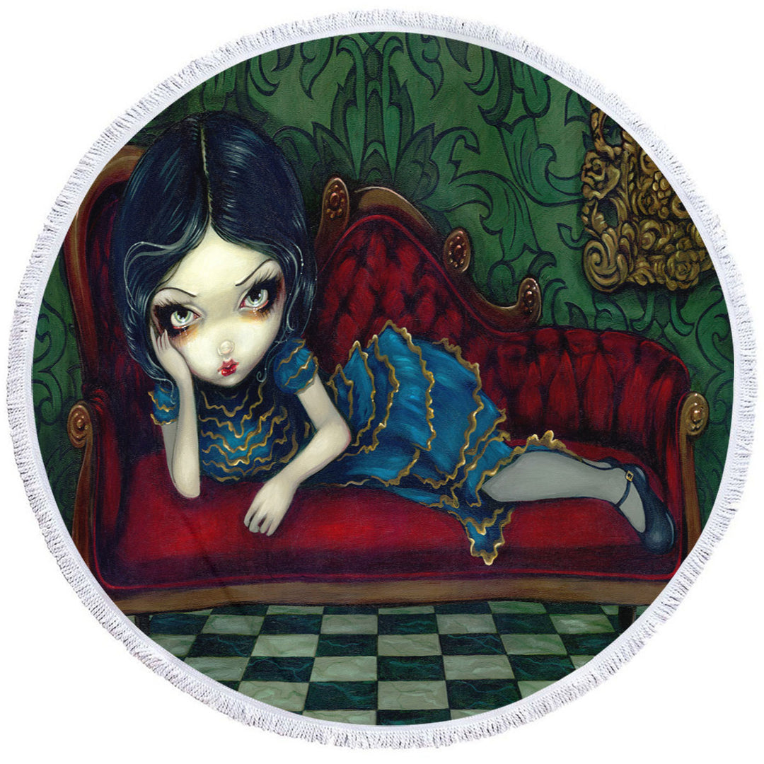 Beautiful Gothic Girl Reclining on the Scarlet Sofa Microfiber Beach Towel