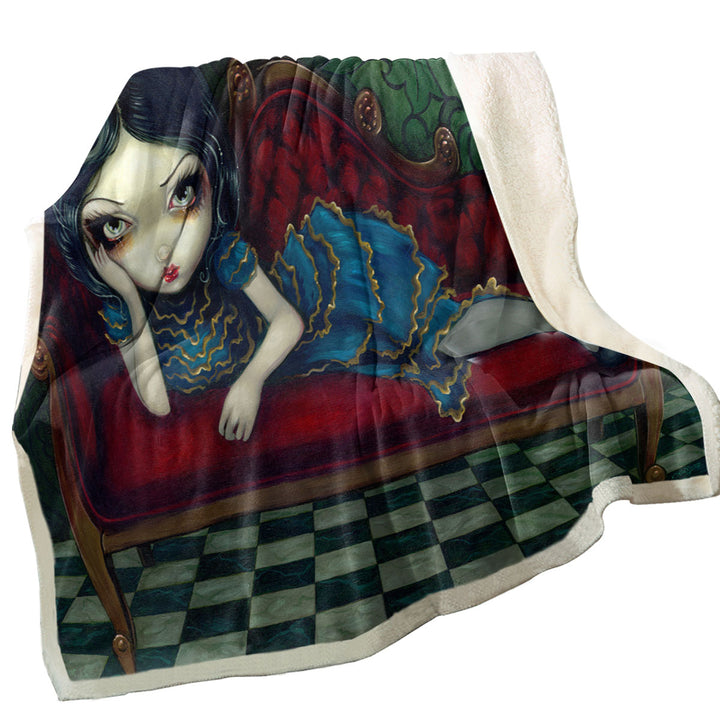 Beautiful Gothic Girl Reclining on the Scarlet Sofa Throw Blanket