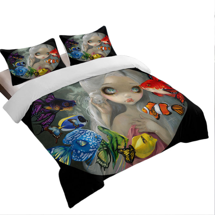 Beautiful Maiden and Rainbow Spectrum of Color Fish Duvet Covers King