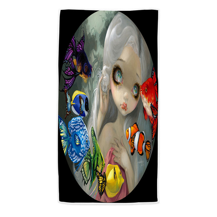 Beautiful Maiden and Rainbow Spectrum of Color Fish Microfiber Beach Towel