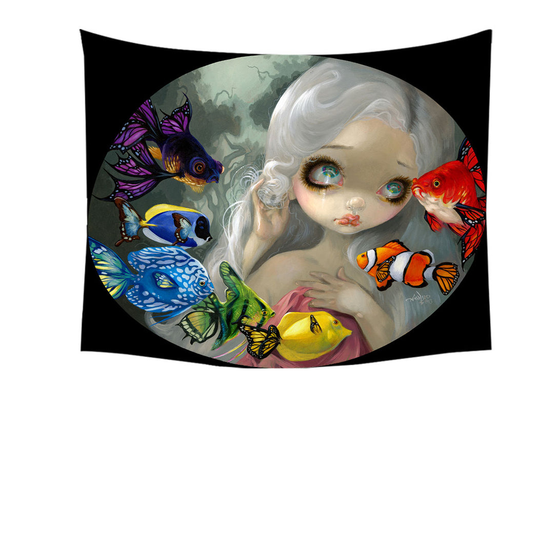 Beautiful Maiden and Rainbow Spectrum of Color Fish Tapestry