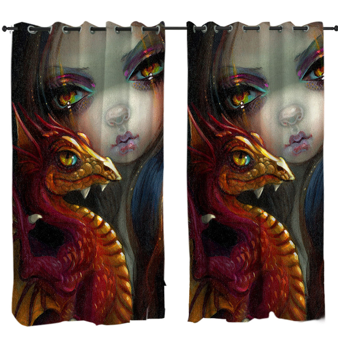 Beautiful Maiden with Her Golden Eyed Dragonling Curtains for Bedroom