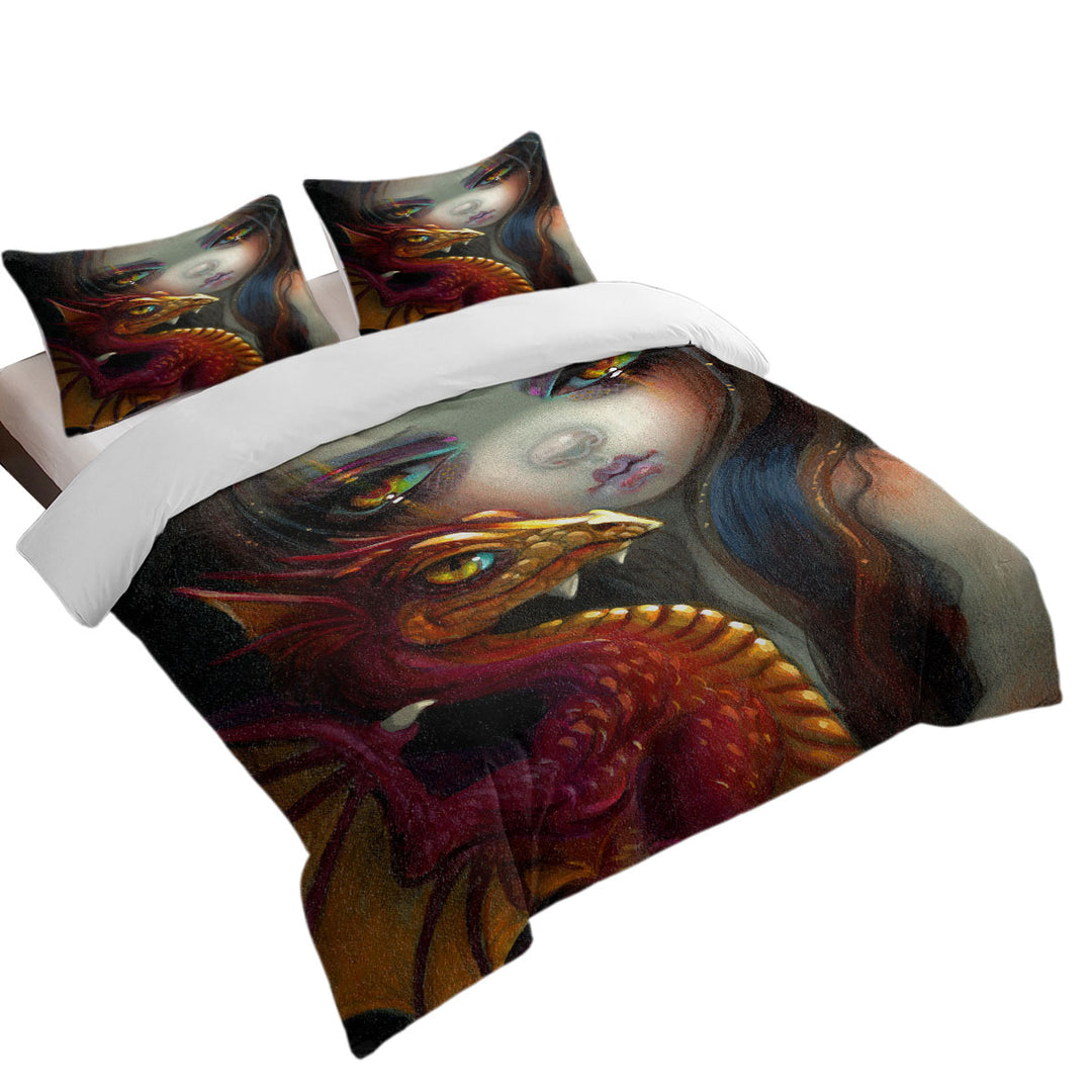 Beautiful Maiden with Her Golden Eyed Dragonling Duvet Covers