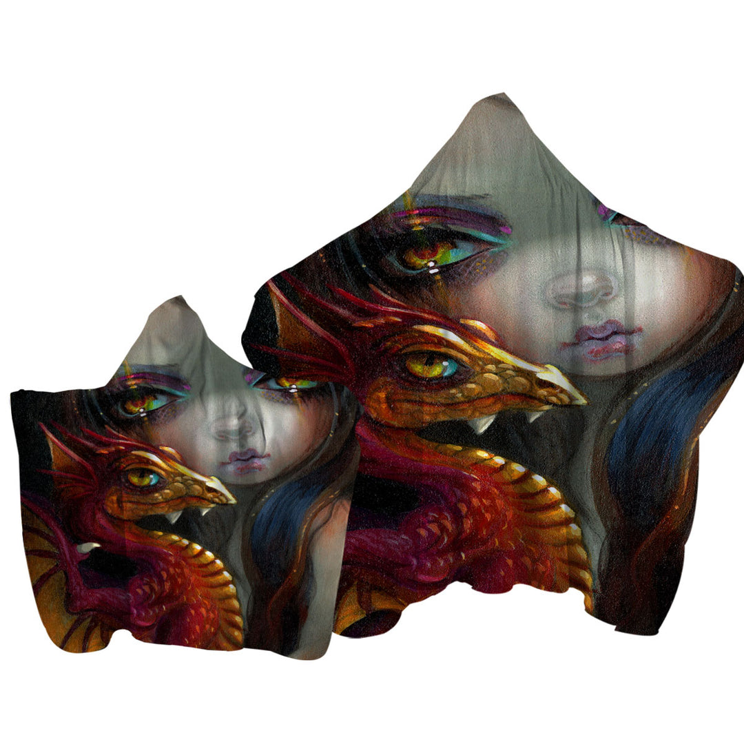 Beautiful Maiden with Her Golden Eyed Dragonling Hooded Beach Towel