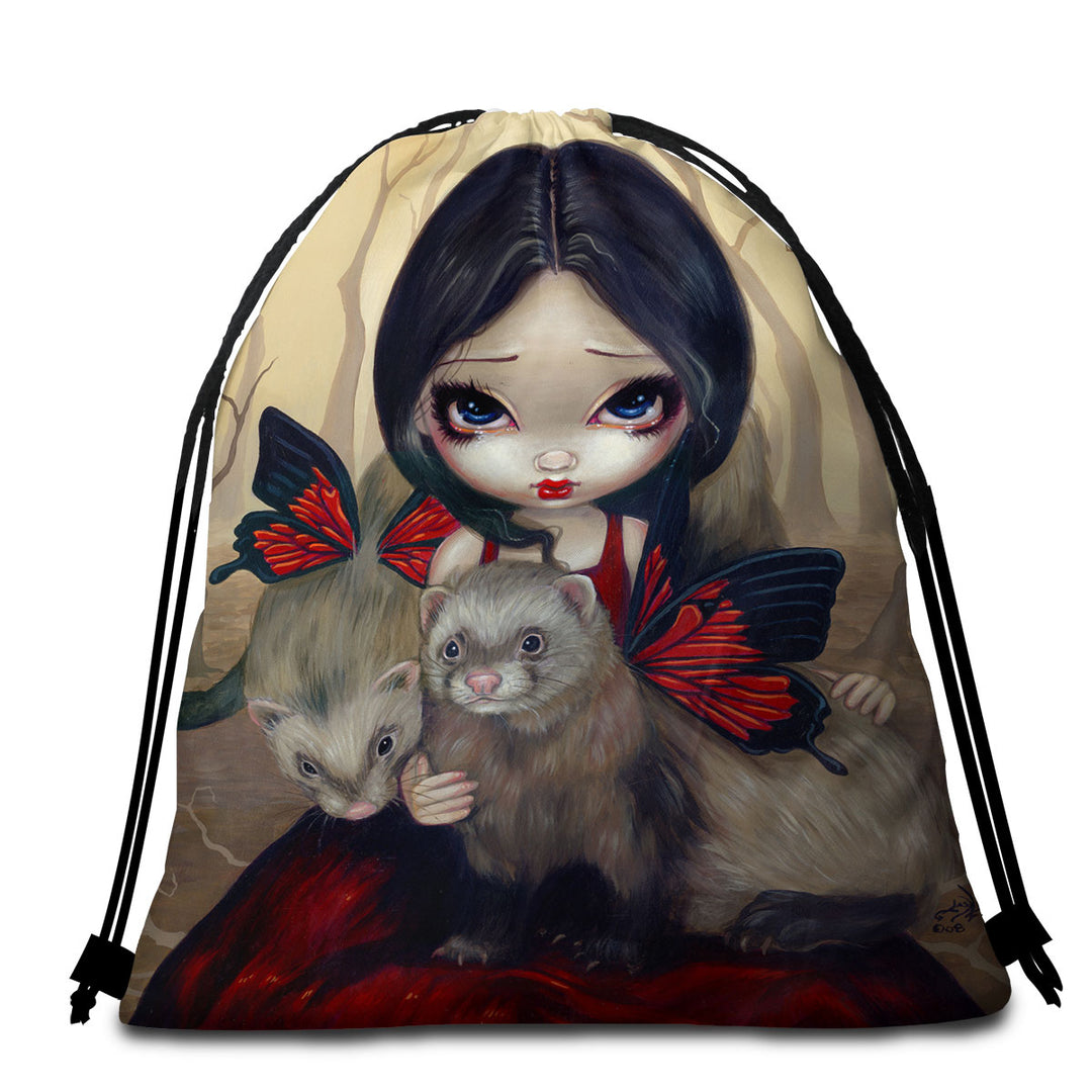 Beautiful Maiden with Red Butterfly Ferrets Beach Towel Pack