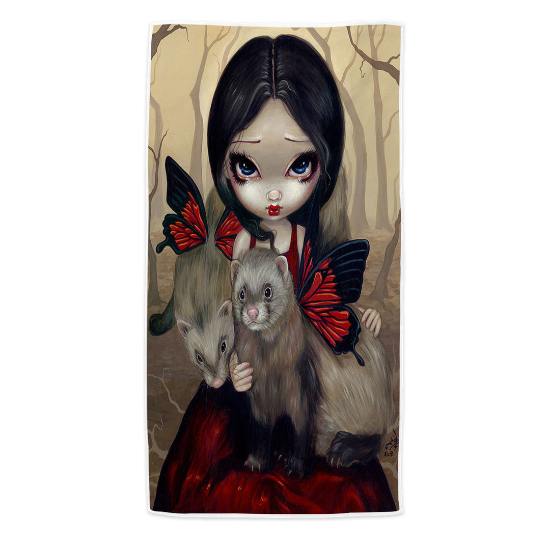 Beautiful Maiden with Red Butterfly Ferrets Beach Towels