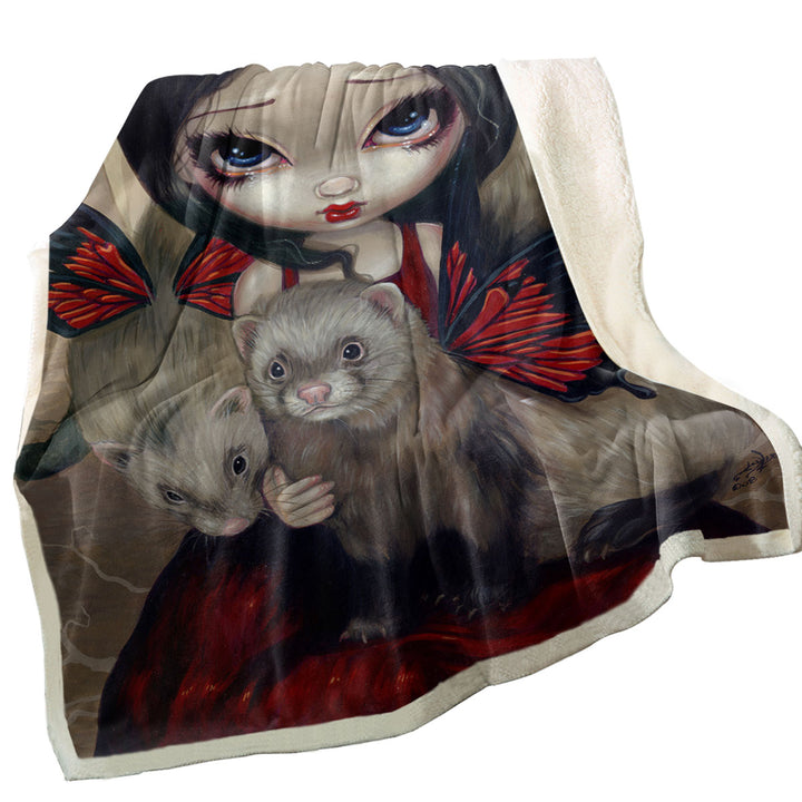 Beautiful Maiden with Red Butterfly Ferrets Throw Blanket