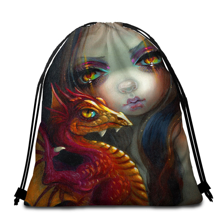 Beautiful Packable Beach Towel Maiden with Her Golden Eyed Dragonling